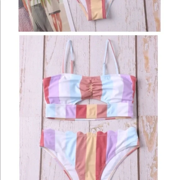 NWT. Striped color block bikini with scalloped bottoms - Picture 2 of 3